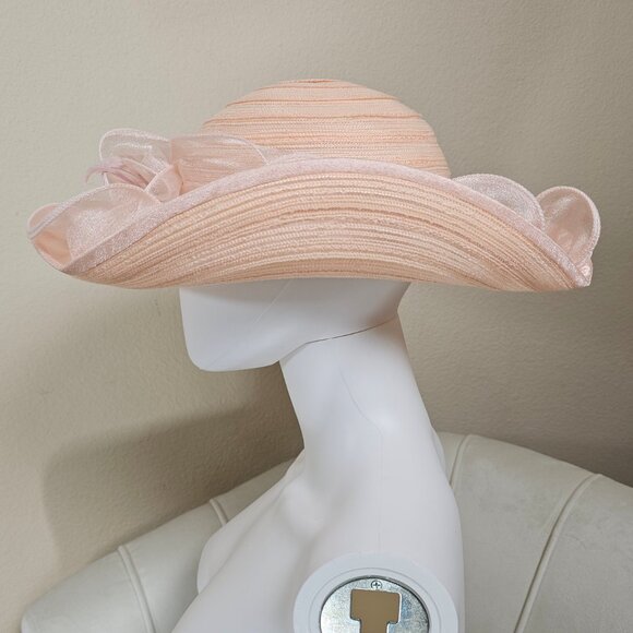 Blush Pink Organza Kentucky Derby Hat Wide Brim Church Wedding Fascinator - Picture 3 of 6